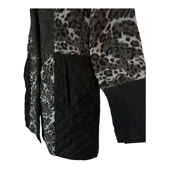 Midnight Velvet Quilted Mixed Media Gray Black Leopard Thigh Length Jacket - Picture 12 of 15